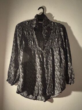 beachlunchlounge Black Floral Smocked Yoke Sheer Blouse